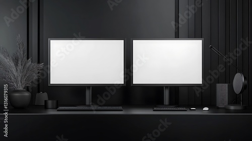 Dark Minimalist Desk Setup: Two Blank Computer Monitors in a Modern 3D Render AI Generated