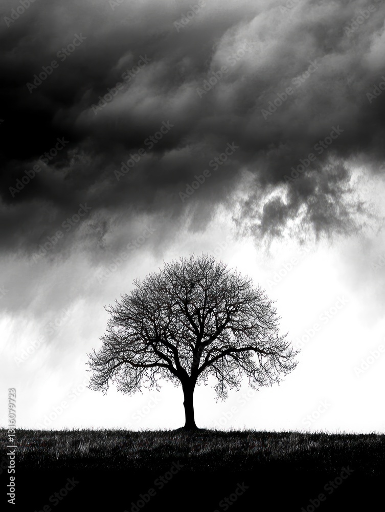 Solitary Bare Tree Silhouette Against Dramatic Cloudy Sky in Black and White Solitary Bare Tree Silhouette Against Dramatic Cloudy Sky in Black and White