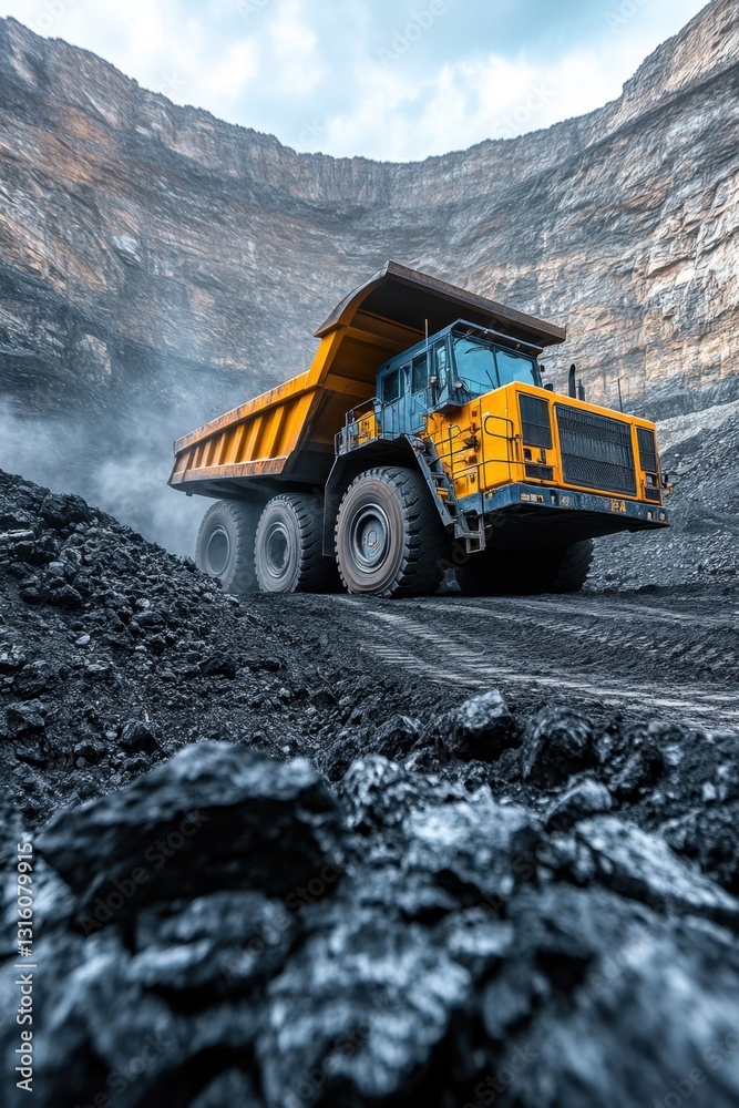 Industrial giant transporting coal in a vast mine pit under a cloudy sky heavy machinery in action at quarry Industrial giant transporting coal in a vast mine pit under a cloudy sky heavy machinery in action at quarry