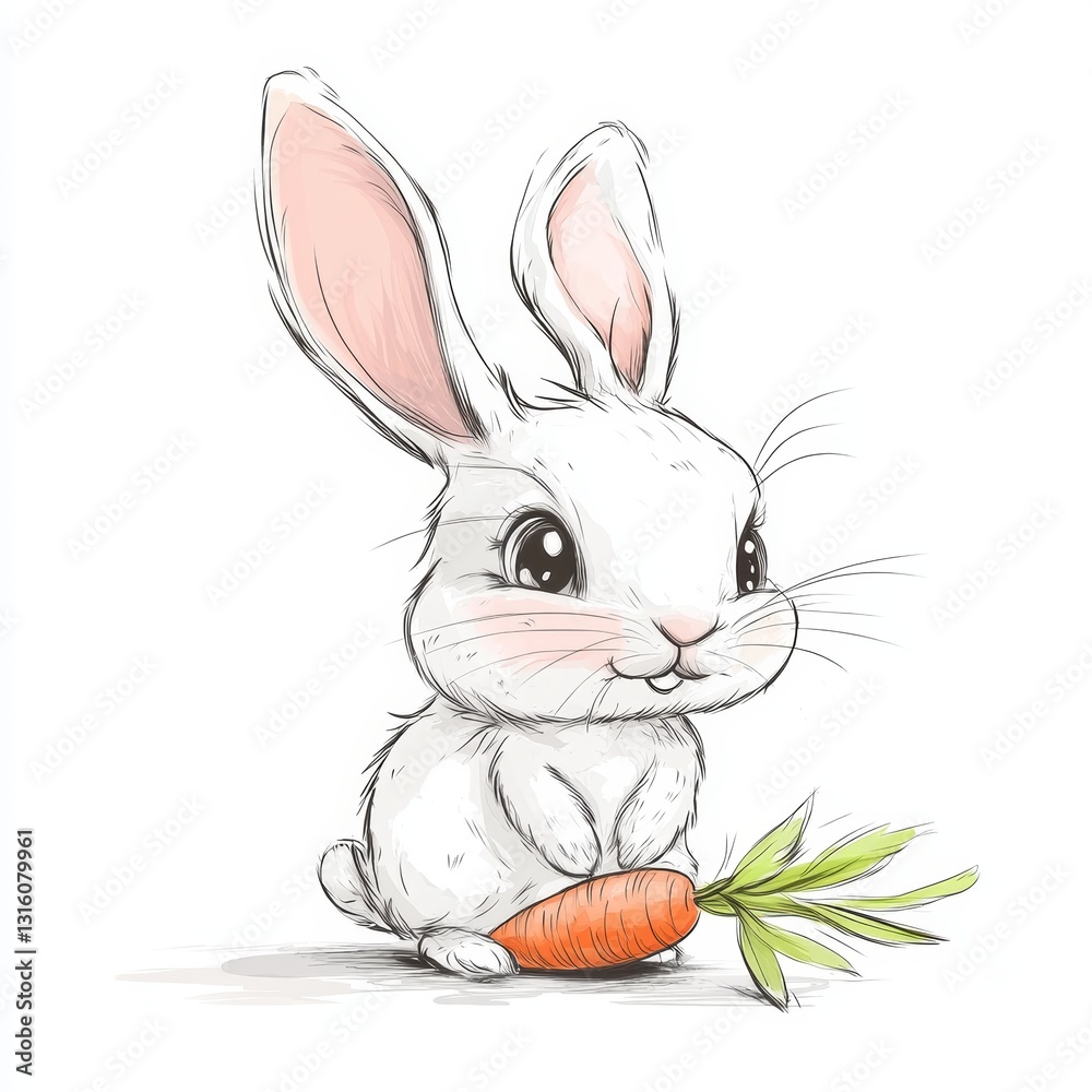 Fototapeta premium An adorable cartoon-style illustration of a cute rabbit holding a carrot, showcasing a playful and cheerful character perfect for children's themes or spring designs.