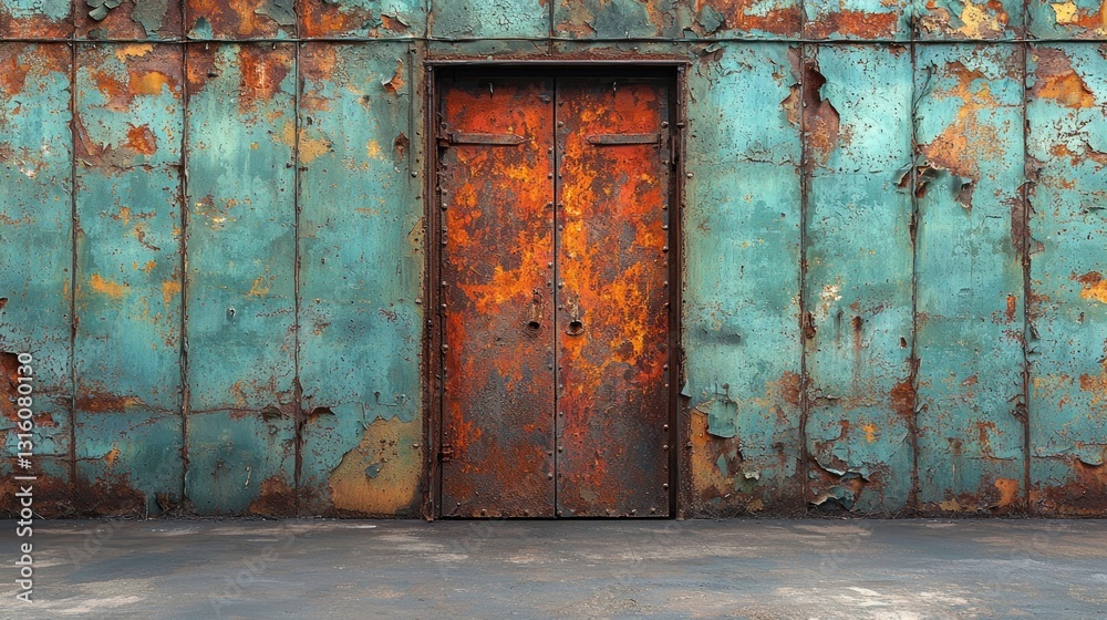 Weathered door & wall, turquoise panels, orange door, distressed, rusted metal, peeling paint Weathered door & wall, turquoise panels, orange door, distressed, rusted metal, peeling paint