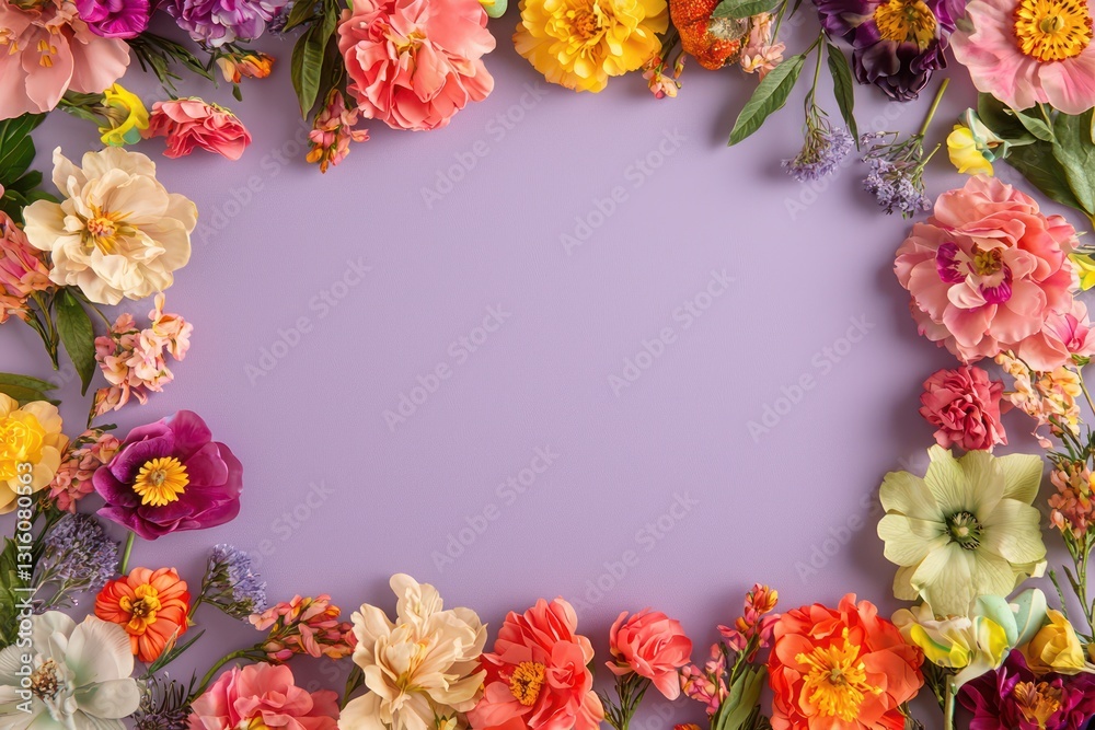 Colorful flowers frame on a pastel purple backdrop for Mother's Day. Colorful flowers frame on a pastel purple backdrop for Mother's Day.