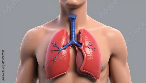 Realistic 3D image of the respiratory system with lungs and trachea.