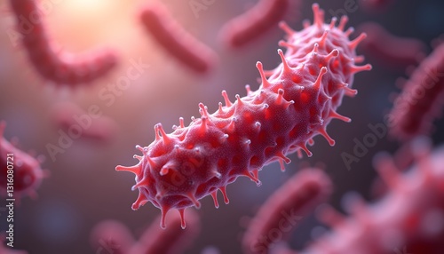 Highly detailed 3D model of E. coli bacteria in the human intestine.