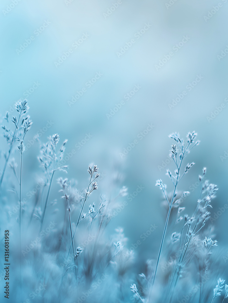 A single picture with a translucent, barely visible, foggy, blueish meadow, nature image in the frame, sitting on a clean, symbolizing emptiness or potential for something yet t A single picture with a translucent, barely visible, foggy, blueish meadow, nature image in the frame, sitting on a clean, symbolizing emptiness or potential for something yet t