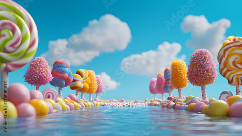 Whimsical Candy Land With Lollipop Trees and Gumball Pathway in Vibrant Colors Under a Blue Sky With Fluffy Clouds in a 3D Rendered Dreamlike