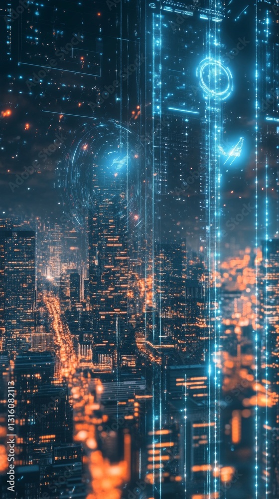 Futuristic City Skyline with Glowing Neon Lights and Digital Data Projection at Night Futuristic City Skyline with Glowing Neon Lights and Digital Data Projection at Night