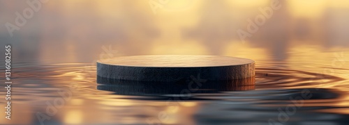 A floating podium on a reflective water surface, with gentle ripples and golden light reflections