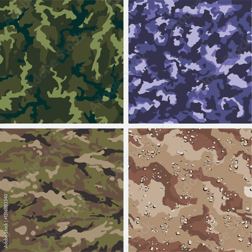 A set of seamless vector-style camouflage patterns in different color schemes, easily editable.
