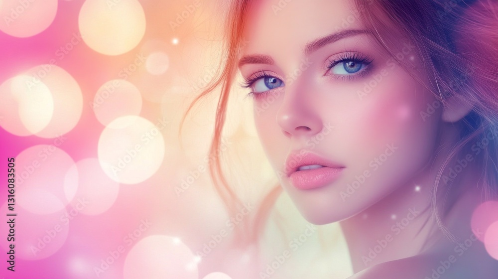 A young woman gazes softly with mesmerizing blue eyes, surrounded by a playful swirl of pastel bokeh lights, creating an enchanting, ethereal atmosphere A young woman gazes softly with mesmerizing blue eyes, surrounded by a playful swirl of pastel bokeh lights, creating an enchanting, ethereal atmosphere