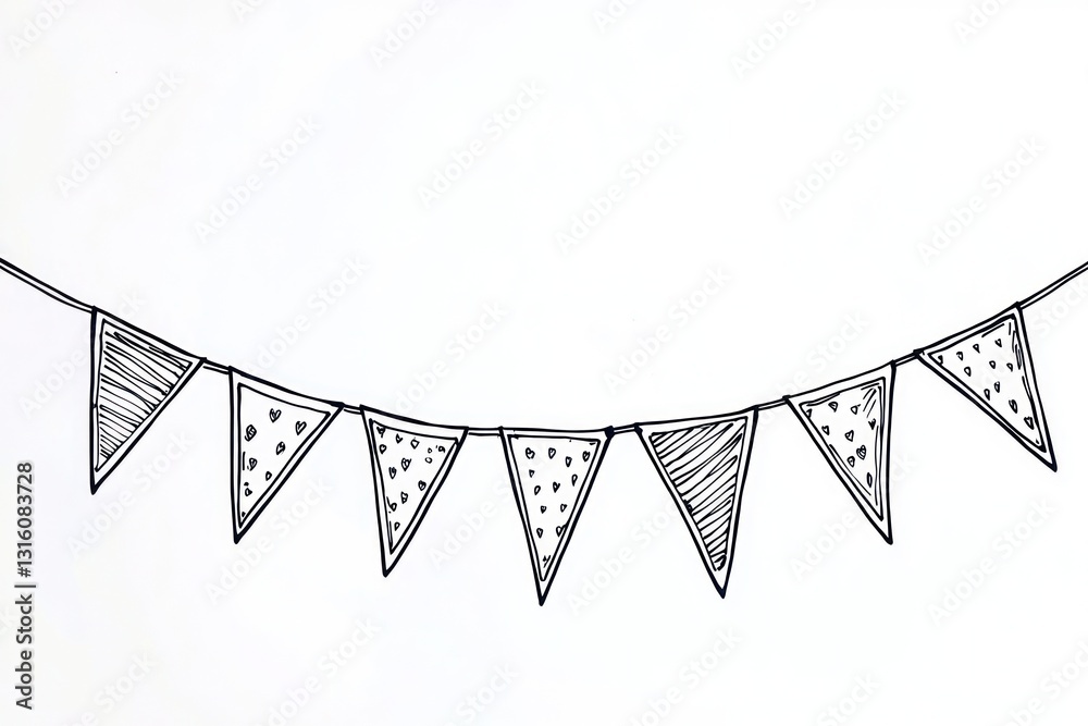 Obraz premium Hand-drawn simple bunting garland, continuous line art flags on white.