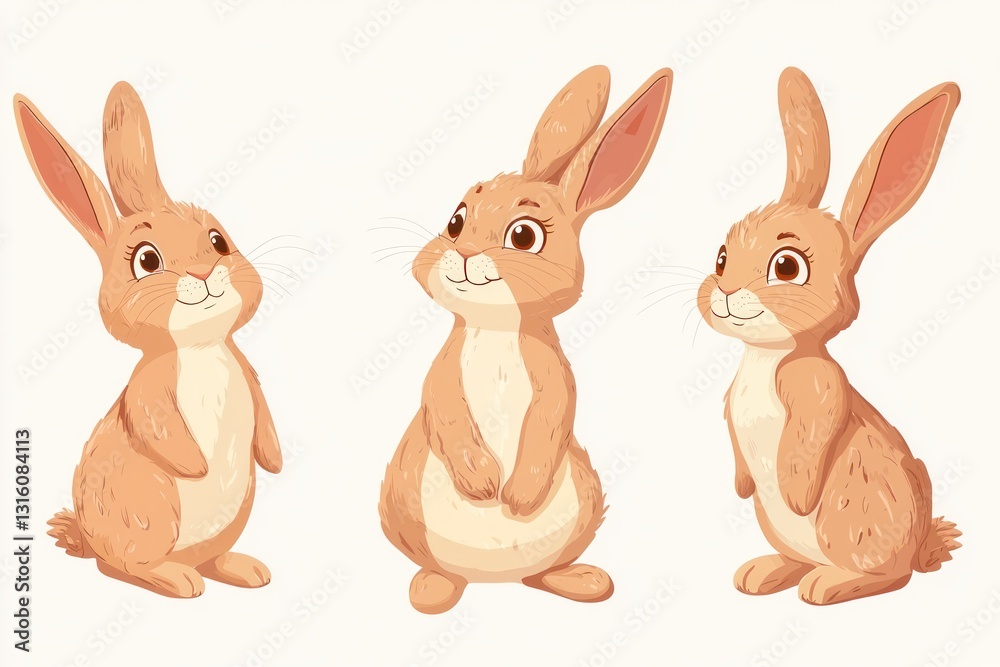 Fototapeta premium Cheerful Easter bunny illustrations, set on a clear background.