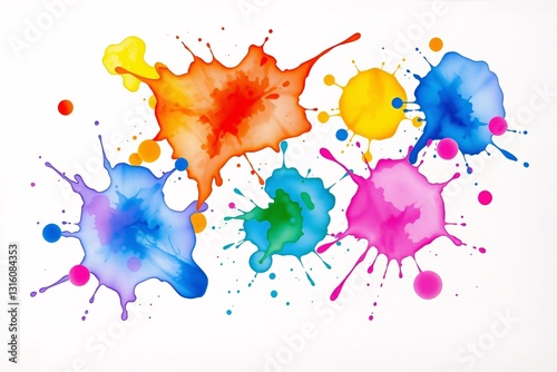 A dynamic composition of colorful paint splashes showcasing a vibrant palette on a white backdrop