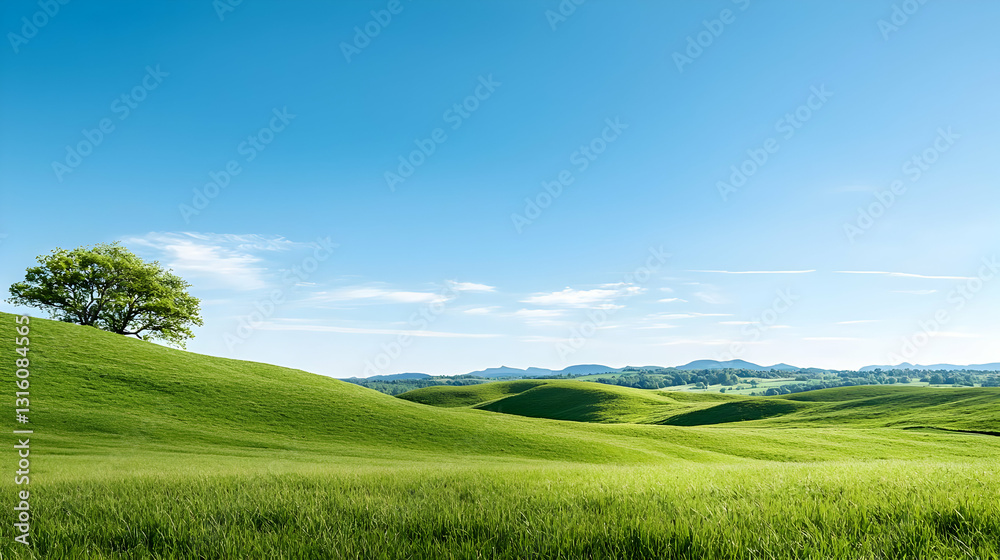 Obraz premium Green Hill With Lone Tree Under Blue Sky