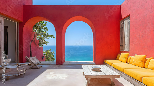 Luxury Ocean View Villa with Red Archways and Yellow Sofa on a Sunny Day