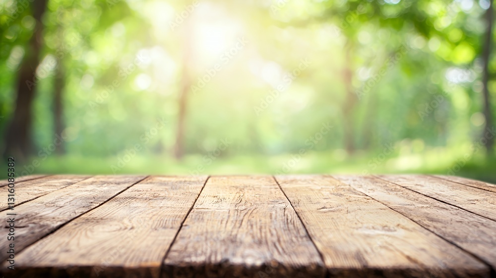 Rustic Wooden Table Against a Blurred Green Forest Background Rustic Wooden Table Against a Blurred Green Forest Background