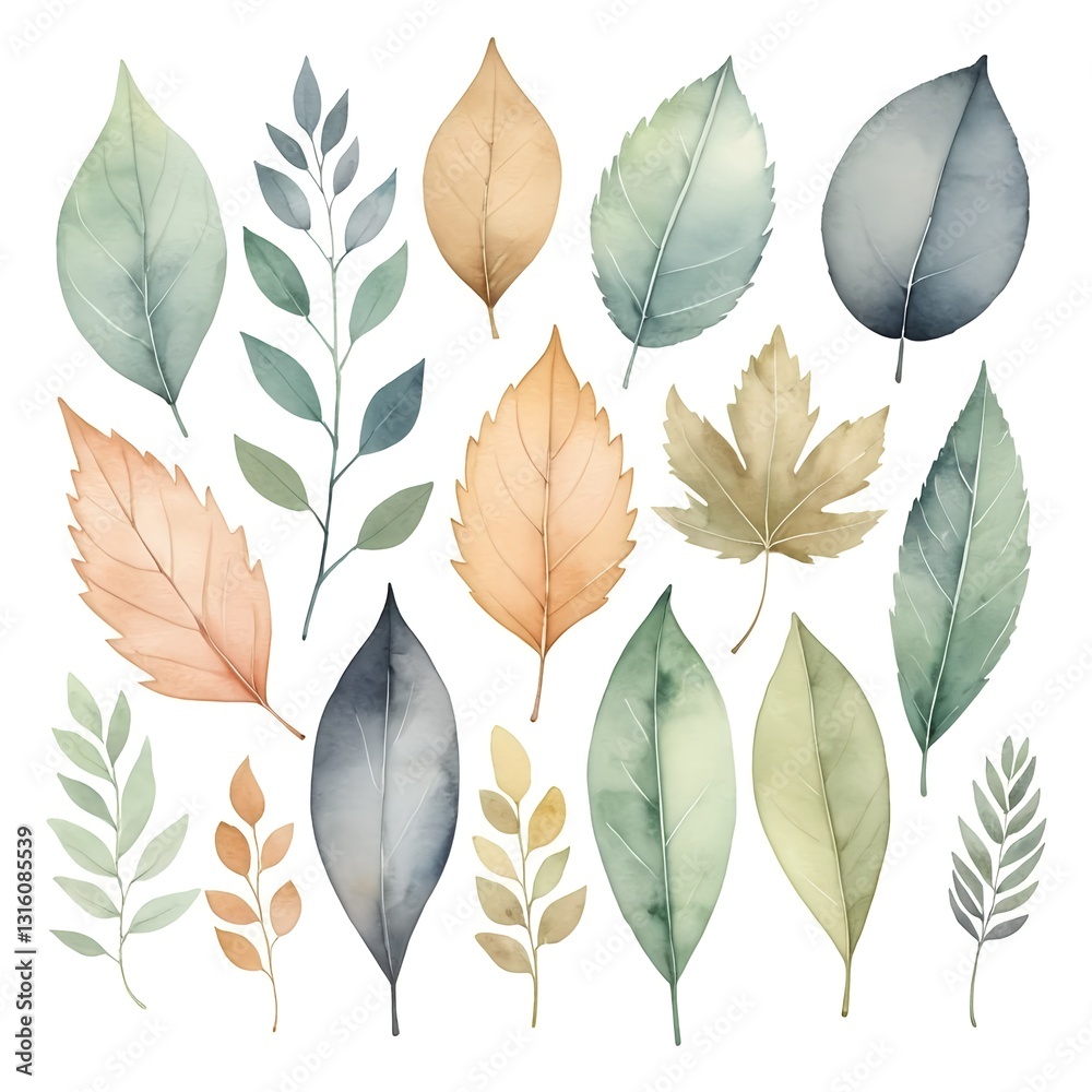 Fototapeta premium Watercolor Autumn Leaves Collection