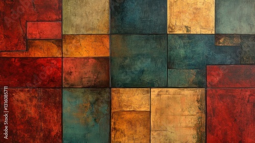 Abstract artwork featuring a grid of textured squares in warm and cool colors.