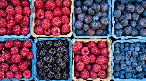 Colorful Assortment of Fresh Berries in Stacked Baskets from a Local Market Displaying Raspberries Blueberries and Blackberries