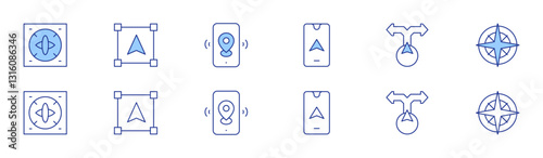 GPS icon set in two styles, Duotone and Thin Line style. Editable stroke. compass, object, navigator, direction, phone