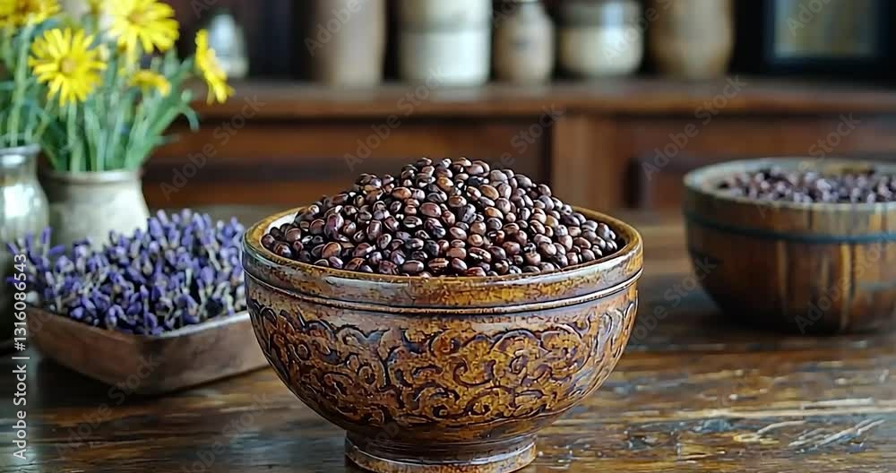 Brown Beans in Carved Wooden Bowl on Rustic Table