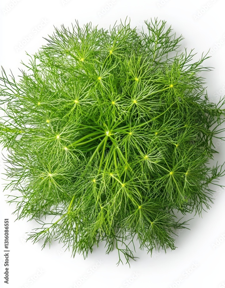 Fototapeta premium A solitary fresh green asparagus densiflorus, also known as asparagus fern, is set against a white background with the entire scene in focus