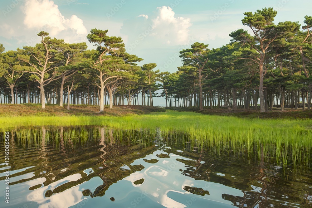 Fototapeta premium a peaceful landscape with a forest of trees reflected on the rippled water surface