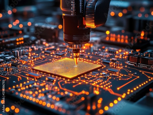 AI-Powered Robotic Arm Assembling Circuit Boards with Real-Time Defect Detection Holograms and Glowing Digital Workflow Diagrams