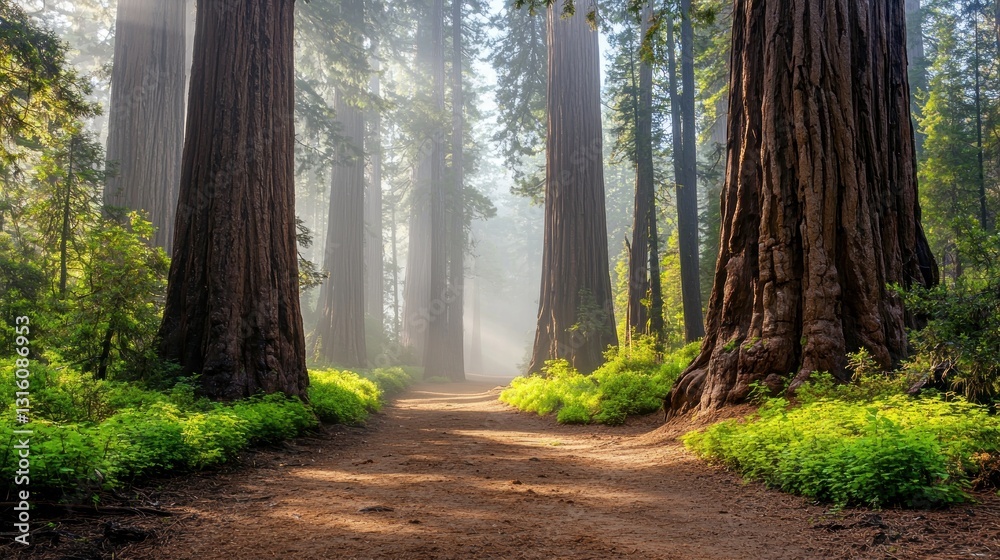 Obraz premium Sunbeams illuminate a path through a misty redwood forest.
