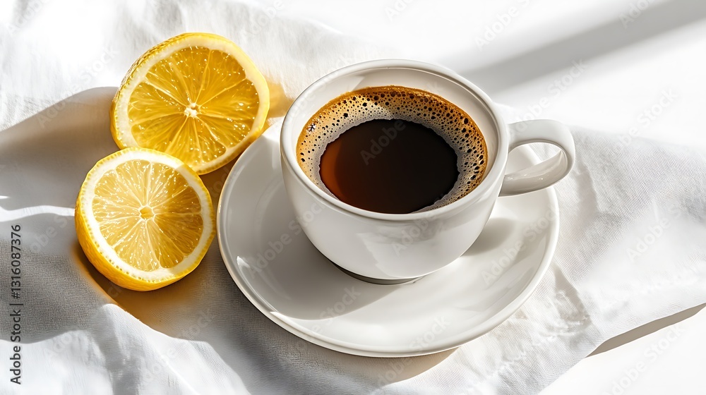 Morning Coffee with Lemon: Sunlit Lifestyle Photography AI Generated Morning Coffee with Lemon: Sunlit Lifestyle Photography AI Generated