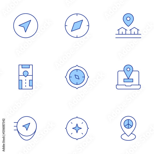 GPS icons set. Line Duotone style, editable stroke. compass, location, pin, placeholder, gps, navigator