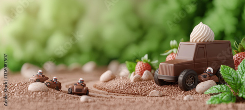 Tiny race car drivers speed around chocolate terrain with whipped cream topped chocolate SUV