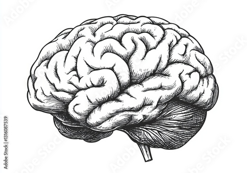 A black and white hand-drawn image of the human brain is presented in a vintage schematic sketch engraving PNG illustration, featuring a scratch board style imitation