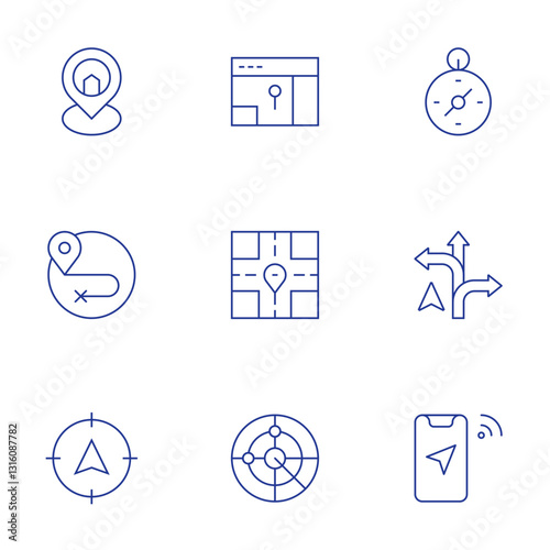 GPS icons set. Thin Line style, editable stroke. compass, direction, geolocation, home, route, navigation, gps, scan