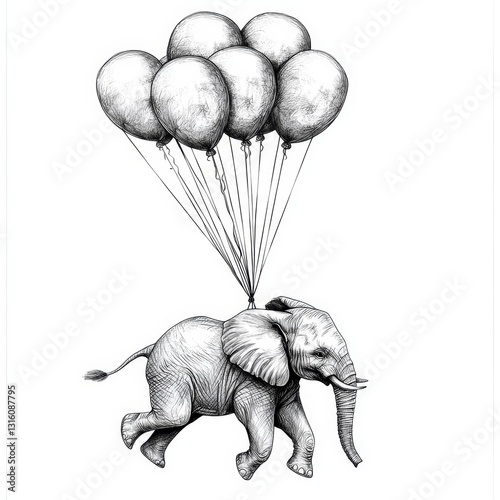 A scratch board imitation style black and white hand drawn image shows an elephant flying on balloons, which can be used as a PNG illustration for t-shirt apparel print design