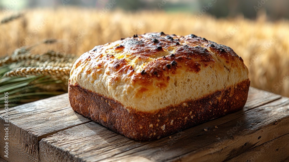 Fresh baked bread with golden crust sits on rustic wooden board with wheat field background Fresh baked bread with golden crust sits on rustic wooden board with wheat field background