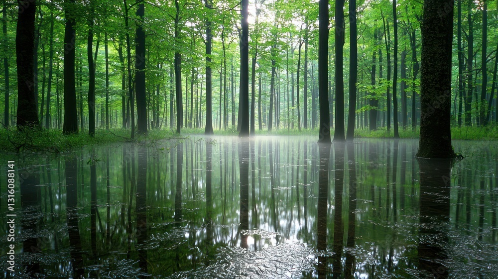 Obraz premium Sunlit forest with flooded path reflecting trees.