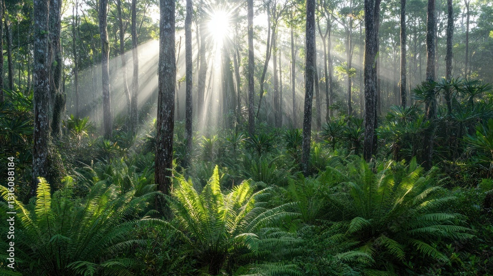 Fototapeta premium Sunbeams illuminating misty forest with ferns.