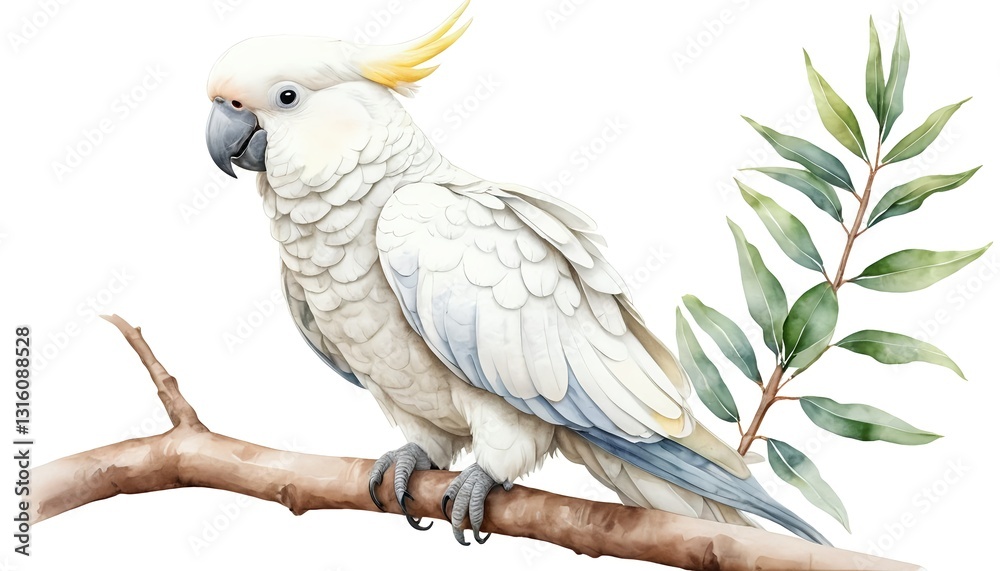 Sulphur-crested Cockatoo on Branch with Eucalyptus Leaves Sulphur-crested Cockatoo on Branch with Eucalyptus Leaves