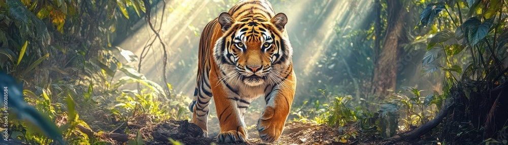 Obraz premium Majestic Tiger Walking Through Lush Green Jungle Under Sunlight
