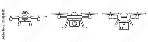 Drone icon with three outlined drones demonstrating special functions. Perfect for technology, innovation, and aerial photography concepts. Great for presentations.