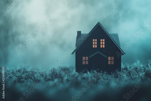 A small house is standing in a field of grass. The house is surrounded by a foggy atmosphere, giving it a mysterious and eerie feel