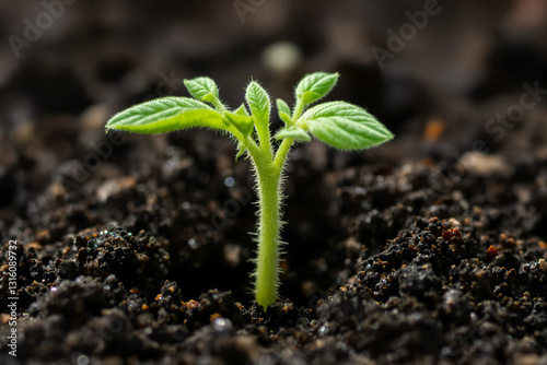 Young green plant sprouting from dark soil in close-up view, symbolizing growth and new beginnings.
