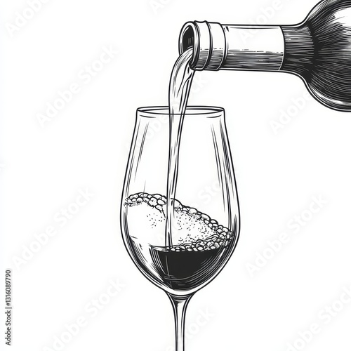A black and white PNG illustration, generated using AI, captures the motion and elegance of wine being poured into a glass, utilizing a sketch engraving technique that imitates the appearance of a