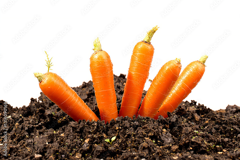 Fresh carrots partially buried in soil, isolated on white background. Copy space for text. Fresh carrots partially buried in soil, isolated on white background. Copy space for text.