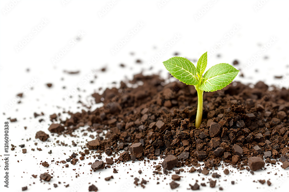 Naklejka premium Young green seedling sprouting from dark soil on white background with copy space for text.