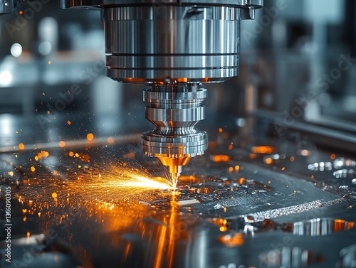 Dynamic Macro View of CNC Machine Cutting Titanium Alloy with Predictive Maintenance Alerts Projected Through Augmented Reality Overlay