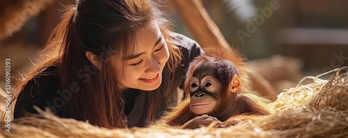 Joyful Interaction Between Woman and Baby Orangutan in Nature