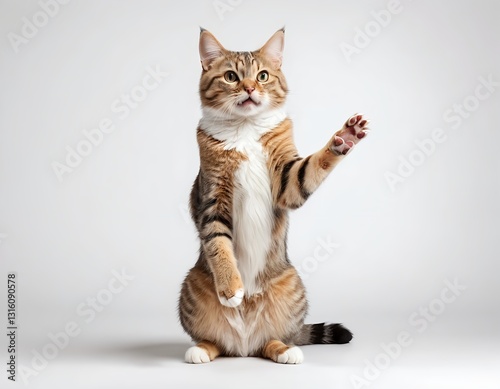 Playful Cat Sitting on Hind Legs, Raising Paw