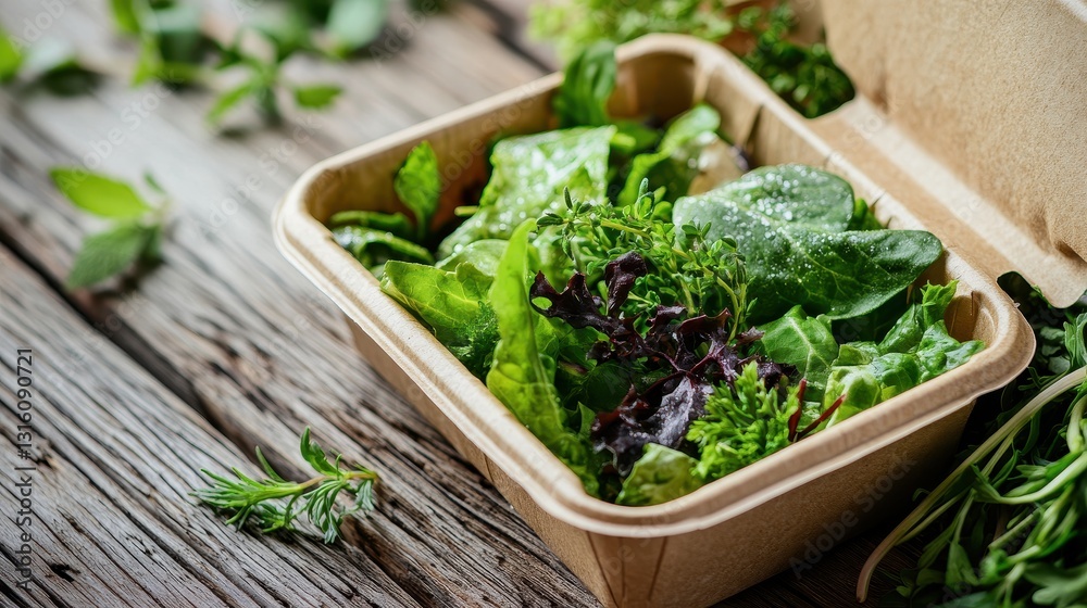 Fresh Organic Salad Box with Varieties of Green Lettuce and Herbs Fresh Organic Salad Box with Varieties of Green Lettuce and Herbs